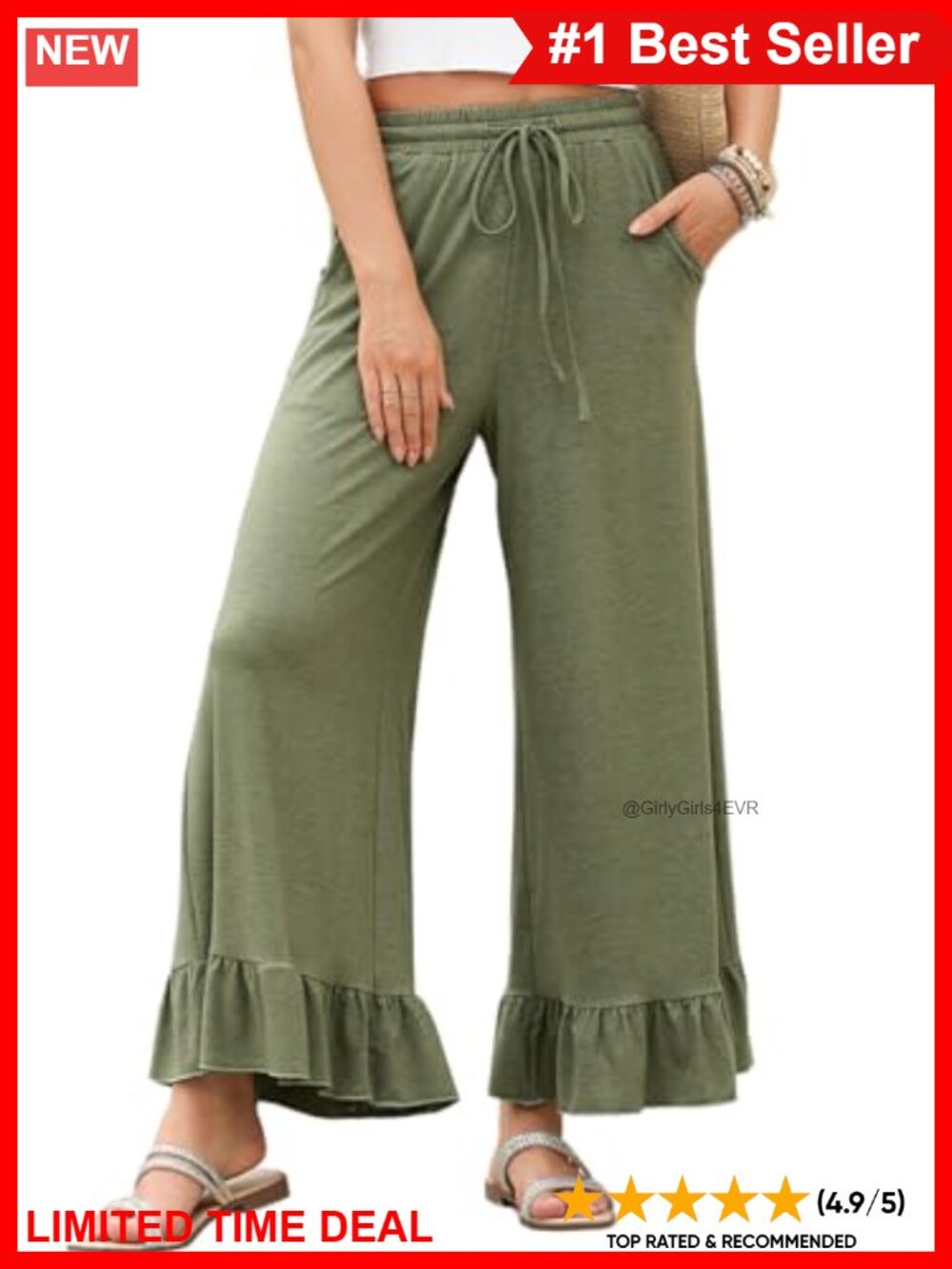 Wide Leg Palazzo Pants Ruffle Hem Drawstring High Rise Pull On Pockets